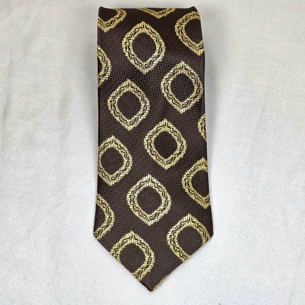 Vintage 1970s Sears Geometric Wide Tie – Brown & Gold – 100% Acetate
